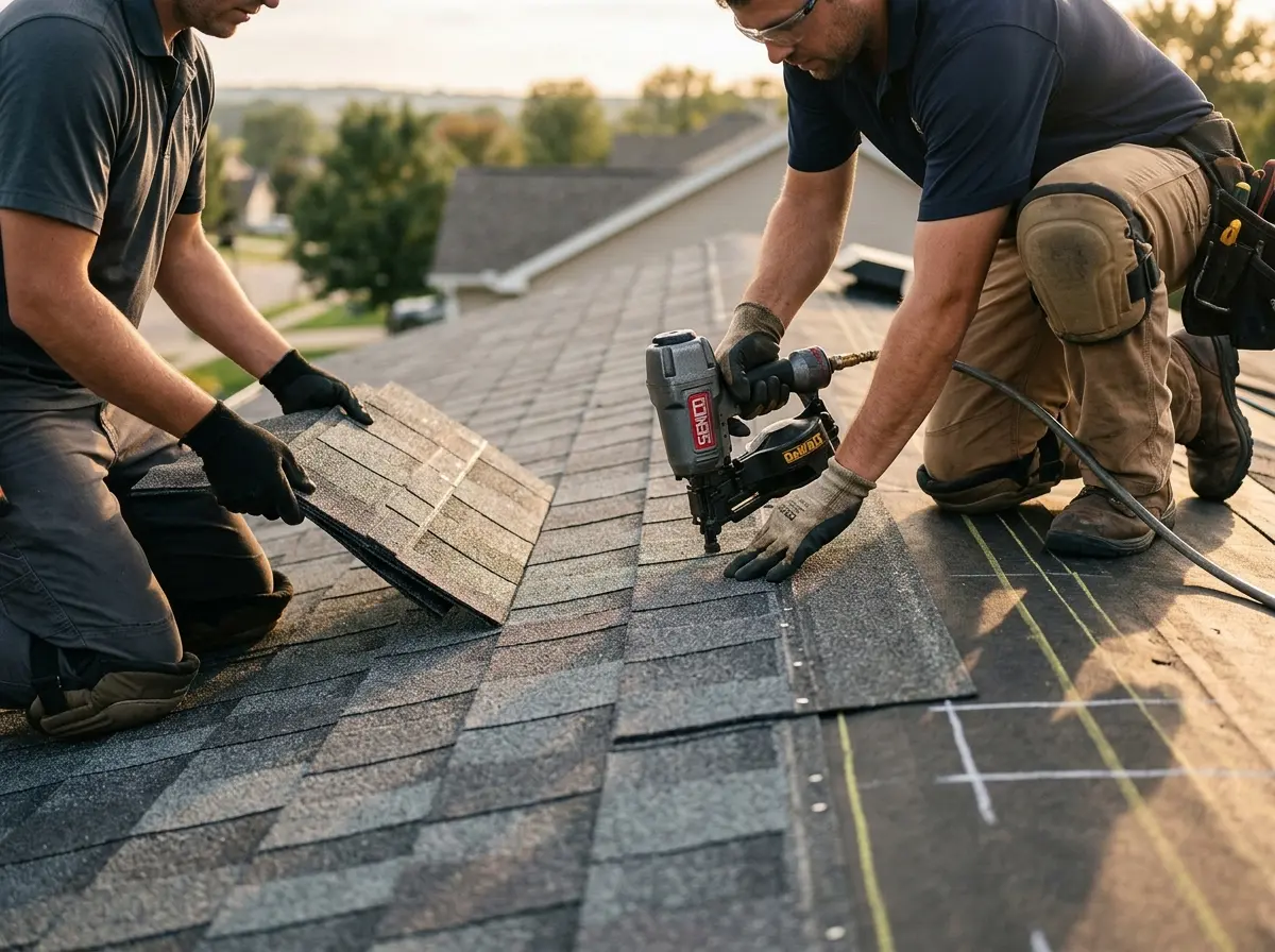 Professional roofer working on a residential roof in St. Michael